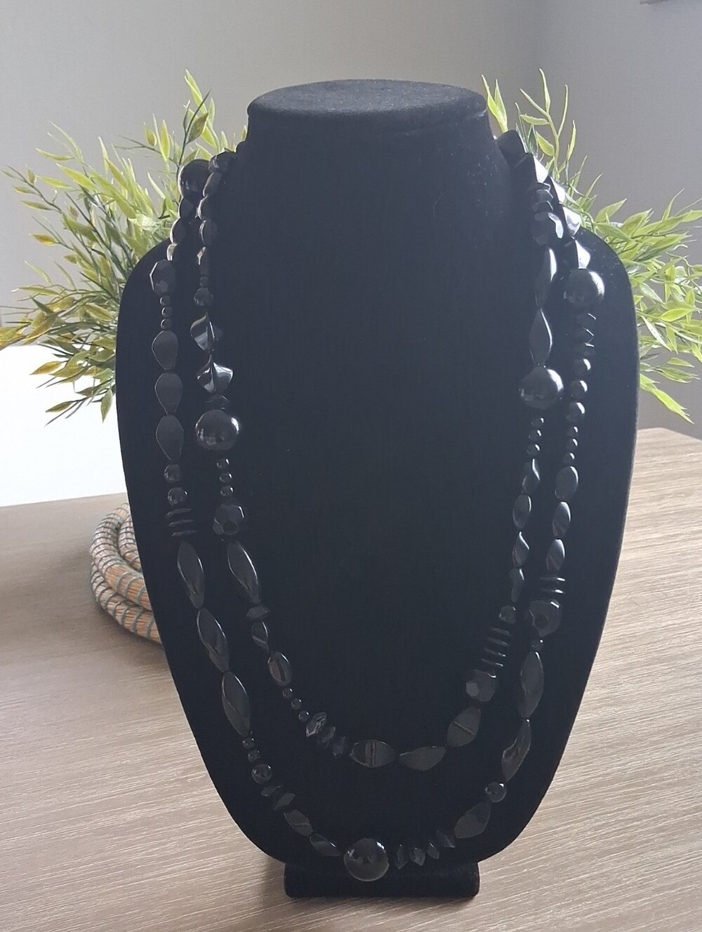 Vintage Long Glossy And Gaveyed Black Beaded Opera Necklace